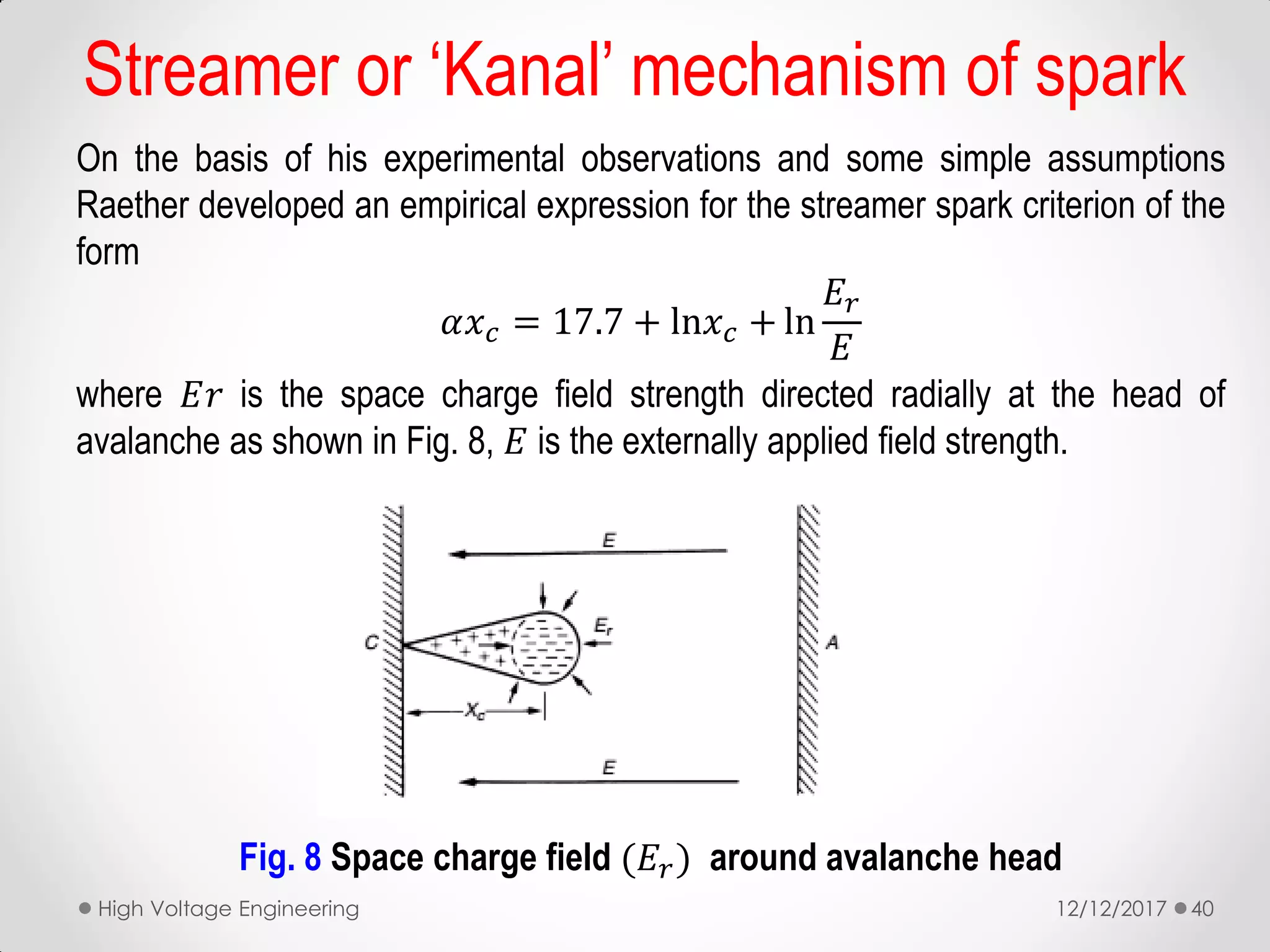 On the basis of his experimental observations and some simple assumptions
Raether developed an empirical expression for the streamer spark criterion of the
form
𝛼𝑥 𝑐 = 17.7 + ln𝑥 𝑐 + ln
𝐸𝑟
𝐸
where 𝐸𝑟 is the space charge field strength directed radially at the head of
avalanche as shown in Fig. 8, 𝐸 is the externally applied field strength.
Fig. 8 Space charge field (𝐸𝑟) around avalanche head
12/12/2017High Voltage Engineering 40
Streamer or ‘Kanal’ mechanism of spark
 