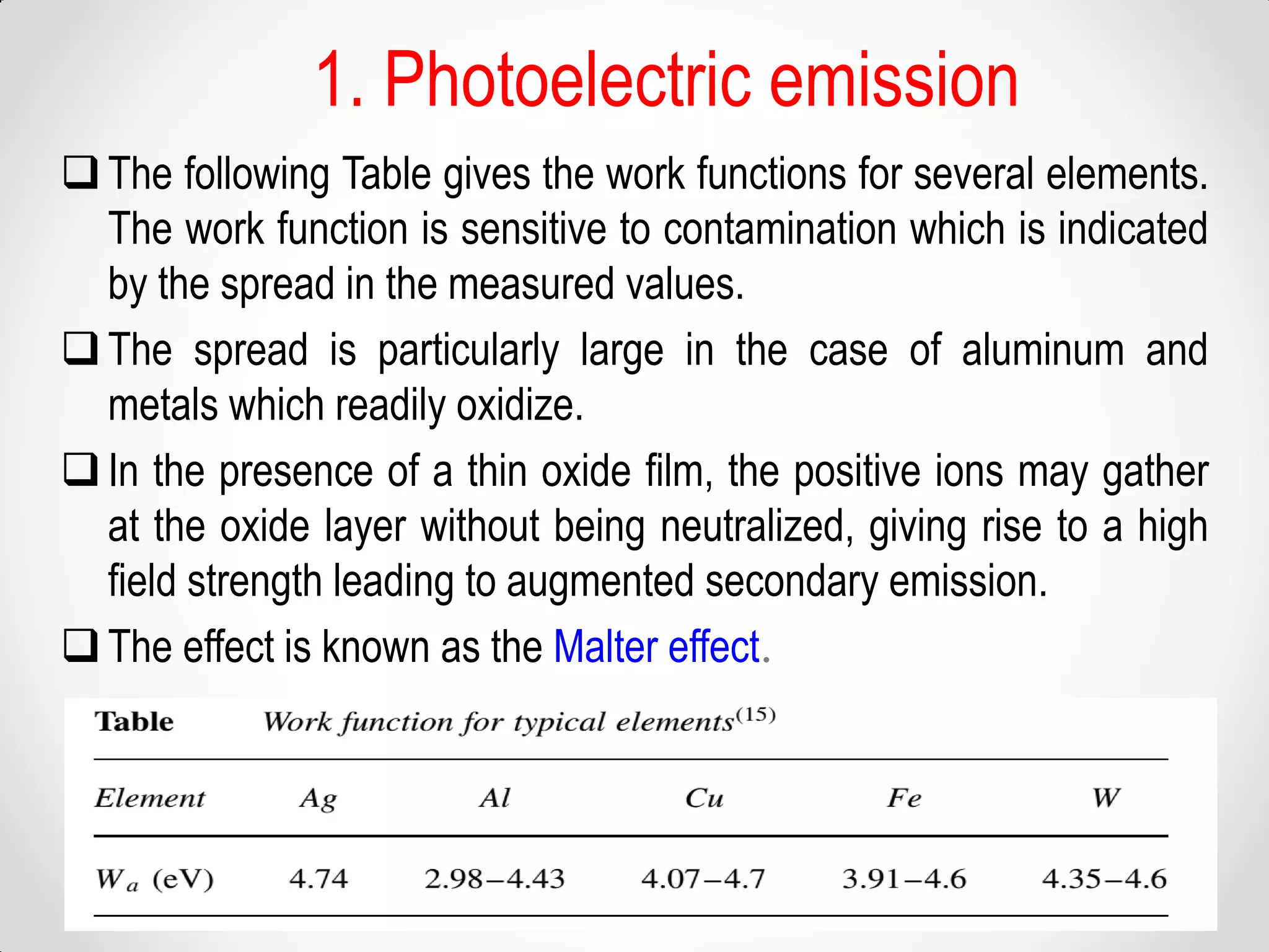 The following Table gives the work functions for several elements.
The work function is sensitive to contamination which is indicated
by the spread in the measured values.
The spread is particularly large in the case of aluminum and
metals which readily oxidize.
In the presence of a thin oxide film, the positive ions may gather
at the oxide layer without being neutralized, giving rise to a high
field strength leading to augmented secondary emission.
The effect is known as the Malter effect.
1. Photoelectric emission
12/12/2017High Voltage Engineering 6
 