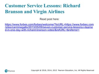 Copyright @ 2018, 2014, 2012 Pearson Education, Inc. All Rights Reserved
Customer Service Lessons: Richard
Branson and Virgin Airlines
Read post here:
https://www.forbes.com/forbes/welcome/?toURL=https://www.forbes.com
/sites/carminegallo/2013/05/09/seven-customer-service-lessons-i-learne
d-in-one-day-with-richard-branson-video/&refURL=&referrer=
 