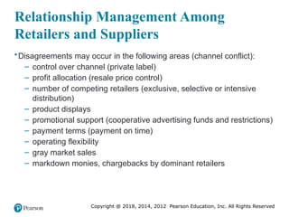 Copyright @ 2018, 2014, 2012 Pearson Education, Inc. All Rights Reserved
Relationship Management Among
Retailers and Suppliers
•Disagreements may occur in the following areas (channel conflict):
– control over channel (private label)
– profit allocation (resale price control)
– number of competing retailers (exclusive, selective or intensive
distribution)
– product displays
– promotional support (cooperative advertising funds and restrictions)
– payment terms (payment on time)
– operating flexibility
– gray market sales
– markdown monies, chargebacks by dominant retailers
 