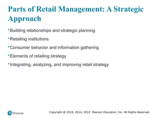 Copyright @ 2018, 2014, 2012 Pearson Education, Inc. All Rights Reserved
Parts of Retail Management: A Strategic
Approach
•Building relationships and strategic planning
•Retailing institutions
•Consumer behavior and information gathering
•Elements of retailing strategy
•Integrating, analyzing, and improving retail strategy
 