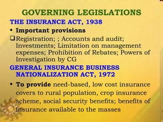 GOVERNING LEGISLATIONS THE INSURANCE ACT, 1938 Important provisions Registration; ; Accounts and audit; Investments; Limitation on management expenses; Prohibition of Rebates; Powers of Investigation by CG GENERAL INSURANCE BUSINESS NATIONALIZATION ACT, 1972  To provide  need-based, low cost insurance covers to rural population, crop insurance scheme, social security benefits; benefits of insurance available to the masses 