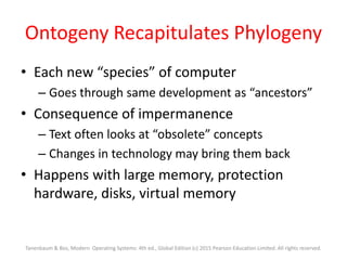 Ontogeny Recapitulates Phylogeny
• Each new “species” of computer
– Goes through same development as “ancestors”
• Consequence of impermanence
– Text often looks at “obsolete” concepts
– Changes in technology may bring them back
• Happens with large memory, protection
hardware, disks, virtual memory
Tanenbaum & Bos, Modern Operating Systems: 4th ed., Global Edition (c) 2015 Pearson Education Limited. All rights reserved.
 