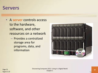 Servers
• A server controls access
to the hardware,
software, and other
resources on a network
– Provides a centralized
storage area for
programs, data, and
information
Discovering Computers 2011: Living in a Digital World
Chapter 1
24Page 25
Figure 1-25
 