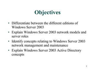 Objectives Differentiate between the different editions of Windows Server 2003 Explain Windows Server 2003 network models and server roles Identify concepts relating to Windows Server 2003 network management and maintenance Explain Windows Server 2003 Active Directory concepts 
