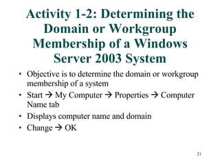 Activity 1-2: Determining the Domain or Workgroup Membership of a Windows Server 2003 System Objective is to determine the domain or workgroup membership of a system Start    My Computer    Properties    Computer Name tab Displays computer name and domain Change    OK 