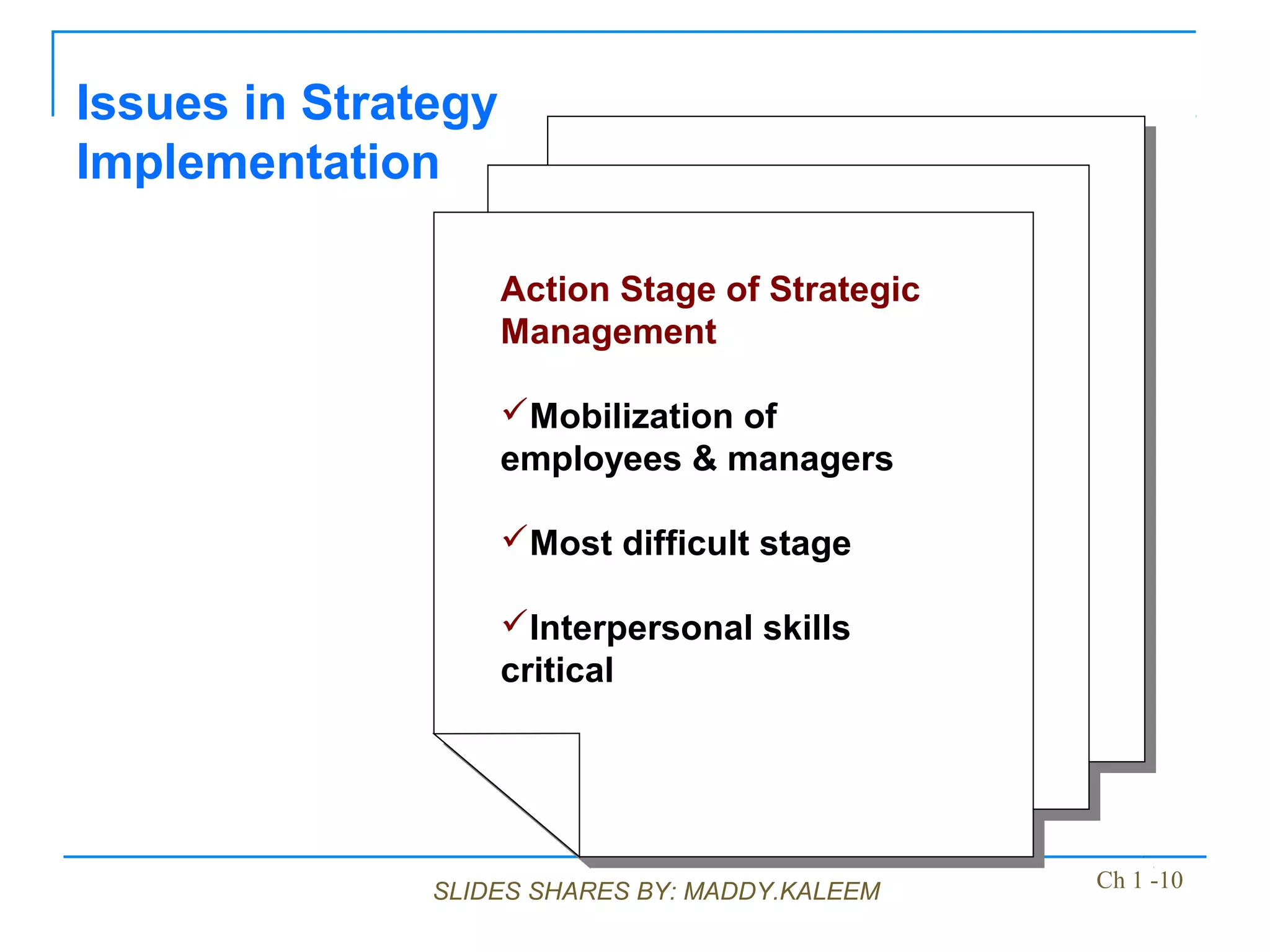 SLIDES SHARES BY: MADDY.KALEEM
Issues in Strategy
Implementation
Action Stage of Strategic
Management
Mobilization of
employees & managers
Most difficult stage
Interpersonal skills
critical
Action Stage of Strategic
Management
Mobilization of
employees & managers
Most difficult stage
Interpersonal skills
critical
Ch 1 -10
 