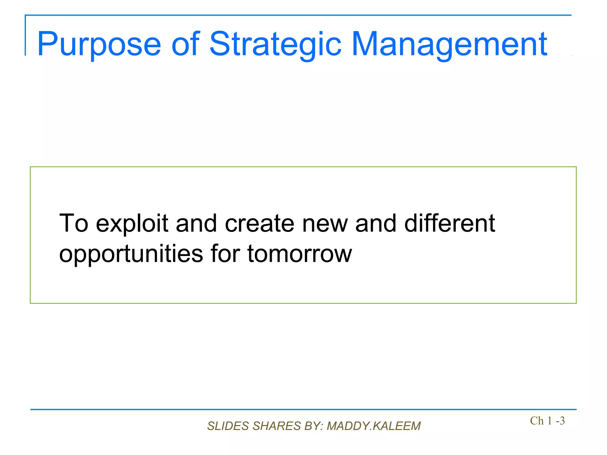 SLIDES SHARES BY: MADDY.KALEEM
Purpose of Strategic Management
To exploit and create new and different
opportunities for tomorrow
Ch 1 -3
 