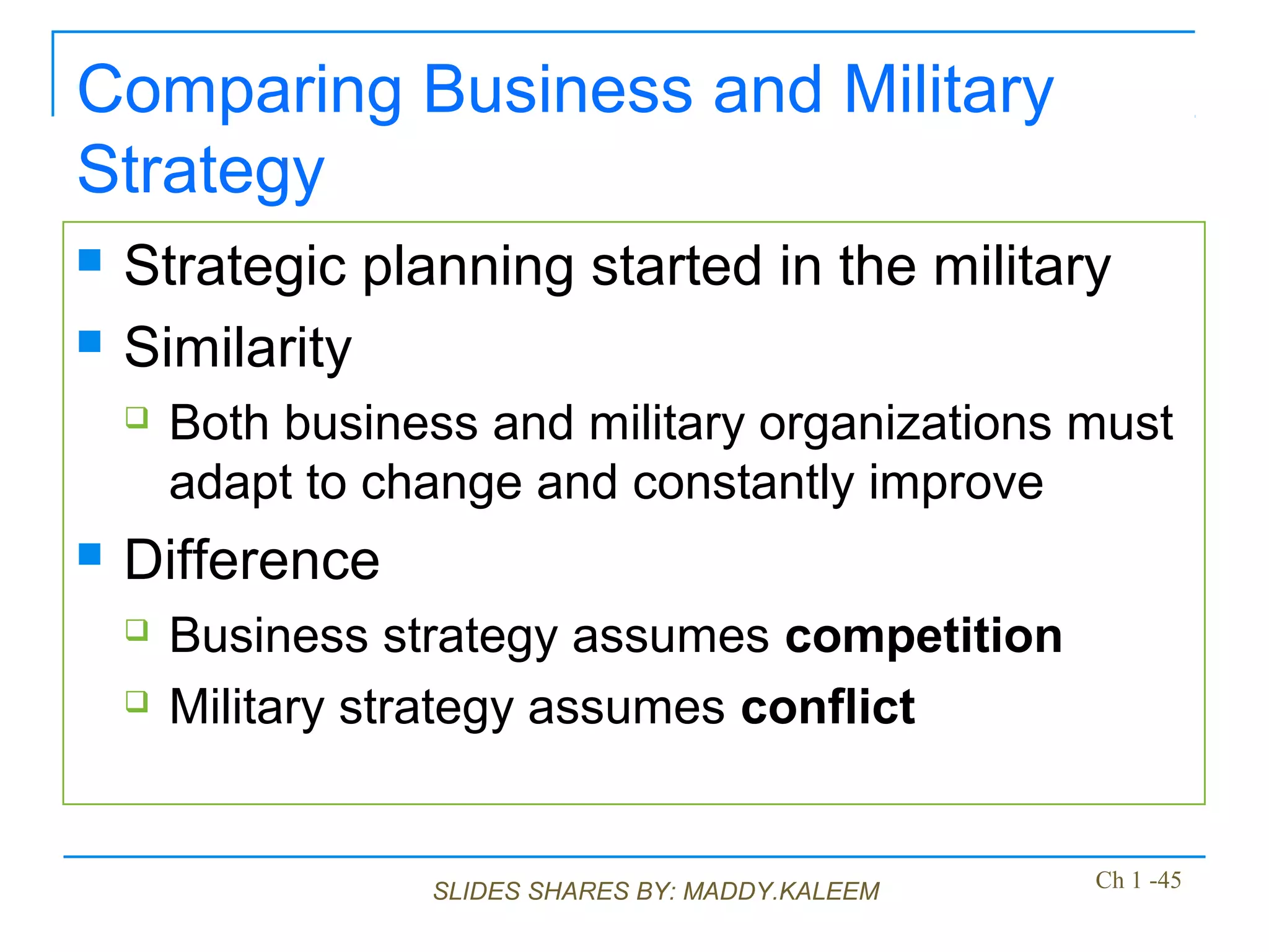 SLIDES SHARES BY: MADDY.KALEEM
Comparing Business and Military
Strategy
 Strategic planning started in the military
 Similarity
 Both business and military organizations must
adapt to change and constantly improve
 Difference
 Business strategy assumes competition
 Military strategy assumes conflict
Ch 1 -45
 