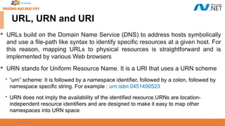 09/18/2025 13

URLs build on the Domain Name Service (DNS) to address hosts symbolically
and use a file-path like syntax to identify specific resources at a given host. For
this reason, mapping URLs to physical resources is straightforward and is
implemented by various Web browsers

URN stands for Uniform Resource Name. It is a URI that uses a URN scheme
 “urn” scheme: It is followed by a namespace identifier, followed by a colon, followed by
namespace specific string. For example : urn:isbn:0451450523
 URN does not imply the availability of the identified resource.URNs are location-
independent resource identifiers and are designed to make it easy to map other
namespaces into URN space
URL, URN and URI
 