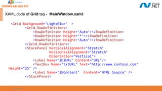 09/18/2025 30
XAML code of Grid tag - MainWindow.xaml:
<Grid Background="LightBlue" >
<Grid.RowDefinitions>
<RowDefinition Height="Auto"></RowDefinition>
<RowDefinition Height="*"></RowDefinition>
<RowDefinition Height="Auto"></RowDefinition>
</Grid.RowDefinitions>
<StackPanel VerticalAlignment="Stretch"
HorizontalAlignment="Stretch"
Orientation="Vertical">
<Label Name="lblURL" Content="URL"/>
<TextBox Name="txtURL" Text="http://www.contoso.com"
Height="25" />
<Label Name="lbContent" Content="HTML Source" />
</StackPanel>
 