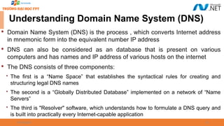 09/18/2025 33
Understanding Domain Name System (DNS)

Domain Name System (DNS) is the process , which converts Internet address
in mnemonic form into the equivalent number IP address

DNS can also be considered as an database that is present on various
computers and has names and IP address of various hosts on the internet

The DNS consists of three components:
 The first is a “Name Space” that establishes the syntactical rules for creating and
structuring legal DNS names
 The second is a “Globally Distributed Database” implemented on a network of “Name
Servers”
 The third is "Resolver" software, which understands how to formulate a DNS query and
is built into practically every Internet-capable application
 