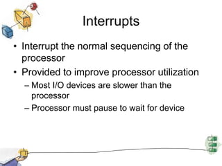 InterruptsInterrupt the normal sequencing of the processorProvided to improve processor utilizationMost I/O devices are slower than the processorProcessor must pause to wait for device