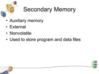 Secondary MemoryAuxiliary memoryExternalNonvolatileUsed to store program and data files