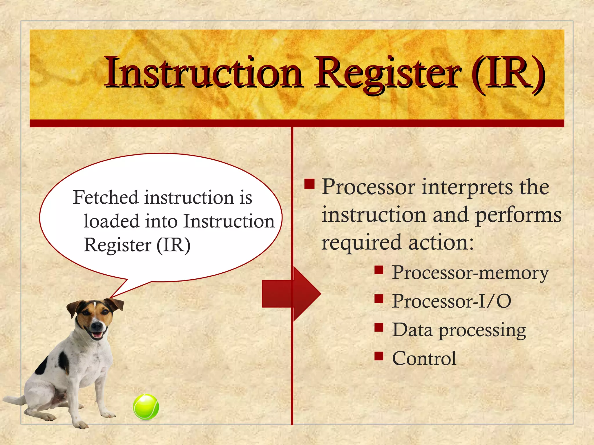 Instruction Register (IR)Instruction Register (IR)
Fetched instruction is
loaded into Instruction
Register (IR)
 Processor interprets the
instruction and performs
required action:
 Processor-memory
 Processor-I/O
 Data processing
 Control
 