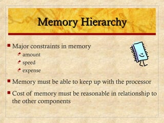 Memory HierarchyMemory Hierarchy
 Major constraints in memory
 amount
 speed
 expense
 Memory must be able to keep up with the processor
 Cost of memory must be reasonable in relationship to
the other components
 