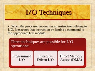 I/O TechniquesI/O Techniques
∗ When the processor encounters an instruction relating to
I/O, it executes that instruction by issuing a command to
the appropriate I/O module
 
