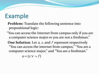 Example
Problem: Translate the following sentence into
propositional logic:
“You can access the Internet from campus only if you are
a computer science major or you are not a freshman.”
One Solution: Let a, c, and f represent respectively
“You can access the internet from campus,” “You are a
computer science major,” and “You are a freshman.”
a→ (c ∨ ¬ f )
 
