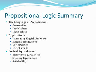 Propositional Logic Summary
 The Language of Propositions
 Connectives
 Truth Values
 Truth Tables
 Applications
 Translating English Sentences
 System Specifications
 Logic Puzzles
 Logic Circuits
 Logical Equivalences
 Important Equivalences
 Showing Equivalence
 Satisfiability
 