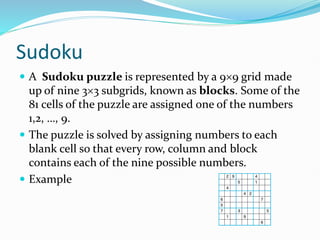 Sudoku
 A Sudoku puzzle is represented by a 99 grid made
up of nine 33 subgrids, known as blocks. Some of the
81 cells of the puzzle are assigned one of the numbers
1,2, …, 9.
 The puzzle is solved by assigning numbers to each
blank cell so that every row, column and block
contains each of the nine possible numbers.
 Example
 