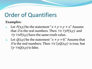 Order of Quantifiers
Examples:
1. Let P(x,y) be the statement “x + y = y + x.” Assume
that U is the real numbers. Then x yP(x,y) and
y xP(x,y) have the same truth value.
2. Let Q(x,y) be the statement “x + y = 0.” Assume that
U is the real numbers. Then x yQ(x,y) is true, but
y xQ(x,y) is false.
 