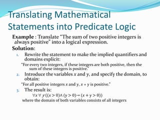 Translating Mathematical
Statements into Predicate Logic
Example : Translate “The sum of two positive integers is
always positive” into a logical expression.
Solution:
1. Rewrite the statement to make the implied quantifiers and
domains explicit:
“For every two integers, if these integers are both positive, then the
sum of these integers is positive.”
2. Introduce the variables x and y, and specify the domain, to
obtain:
“For all positive integers x and y, x + y is positive.”
3. The result is:
x  y ((x > 0)∧ (y > 0)→ (x + y > 0))
where the domain of both variables consists of all integers
 