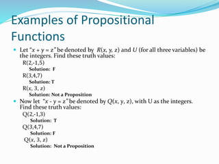 Examples of Propositional
Functions
 Let “x + y = z” be denoted by R(x, y, z) and U (for all three variables) be
the integers. Find these truth values:
R(2,-1,5)
Solution: F
R(3,4,7)
Solution: T
R(x, 3, z)
Solution: Not a Proposition
 Now let “x - y = z” be denoted by Q(x, y, z), with U as the integers.
Find these truth values:
Q(2,-1,3)
Solution: T
Q(3,4,7)
Solution: F
Q(x, 3, z)
Solution: Not a Proposition
 