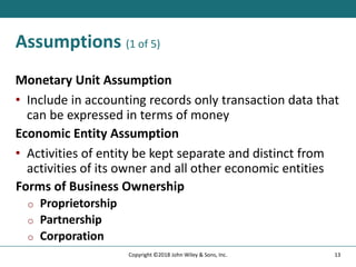 Assumptions (1 of 5)
Monetary Unit Assumption
• Include in accounting records only transaction data that
can be expressed in terms of money
Economic Entity Assumption
• Activities of entity be kept separate and distinct from
activities of its owner and all other economic entities
Forms of Business Ownership
o Proprietorship
o Partnership
o Corporation
13
Copyright ©2018 John Wiley & Sons, Inc.
 