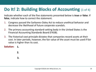 Do It! 2: Building Blocks of Accounting (1 of 4)
Indicate whether each of the five statements presented below is true or false. If
false, indicate how to correct the statement.
1. Congress passed the Sarbanes-Oxley Act to reduce unethical behavior and
decrease the likelihood of future corporate scandals.
2. The primary accounting standard-setting body in the United States is the
Financial Accounting Standards Board (FASB).
3. The historical cost principle dictates that companies record assets at their
cost. In later periods, however, the fair value of the asset must be used if fair
value is higher than its cost.
Solution: 1.
2.
3.
19
Copyright ©2018 John Wiley & Sons, Inc.
 