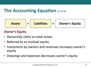 The Accounting Equation (4 of 6)
Owner’s Equity
• Ownership claim on total assets
• Referred to as residual equity
• Investment by owners and revenues increases owner's
equity
• Drawings and expenses decreases owner's equity
26
Copyright ©2018 John Wiley & Sons, Inc.
 