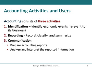 Accounting Activities and Users
Accounting consists of three activities
1. Identification – Identify economic events (relevant to
its business)
2. Recording - Record, classify, and summarize
3. Communication
• Prepare accounting reports
• Analyze and interpret the reported information
3
Copyright ©2018 John Wiley & Sons, Inc.
 