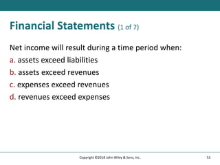 Financial Statements (1 of 7)
Net income will result during a time period when:
a. assets exceed liabilities
b. assets exceed revenues
c. expenses exceed revenues
d. revenues exceed expenses
53
Copyright ©2018 John Wiley & Sons, Inc.
 