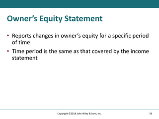Owner’s Equity Statement
• Reports changes in owner’s equity for a specific period
of time
• Time period is the same as that covered by the income
statement
59
Copyright ©2018 John Wiley & Sons, Inc.
 