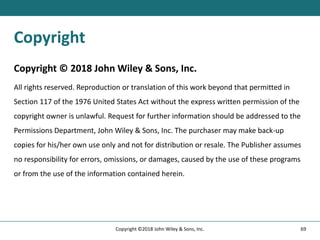 Copyright
Copyright © 2018 John Wiley & Sons, Inc.
All rights reserved. Reproduction or translation of this work beyond that permitted in
Section 117 of the 1976 United States Act without the express written permission of the
copyright owner is unlawful. Request for further information should be addressed to the
Permissions Department, John Wiley & Sons, Inc. The purchaser may make back-up
copies for his/her own use only and not for distribution or resale. The Publisher assumes
no responsibility for errors, omissions, or damages, caused by the use of these programs
or from the use of the information contained herein.
69
Copyright ©2018 John Wiley & Sons, Inc.
 