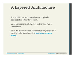 A Layered Architecture
The TCP/IP Internet protocols were originally 
/
p
g
y
abstracted as a four‐layer stack. 
Later abstractions subdivide it further into five or 
seven layers. 
Since we are focused on the top layer anyhow, we will 
use the earliest and simplest four‐layer network 
th
li t d i l t f
l
t
k
model.

Randy Connolly and Ricardo Hoar

Fundamentals of Web Development

 
