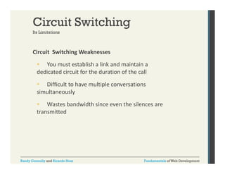 Circuit Switching
Its Limitations

Circuit  Switching Weaknesses
g
 You must establish a link and maintain a 
dedicated circuit for the duration of the call 
 Difficult to have multiple conversations 
simultaneously
 Wastes bandwidth since even the silences are 
transmitted

Randy Connolly and Ricardo Hoar

Fundamentals of Web Development

 
