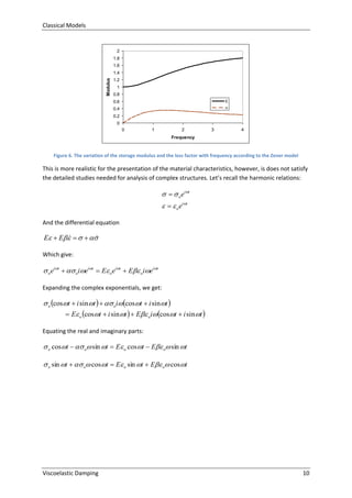 Classical Models

2
1.8
1.6

Modulus

1.4
1.2
1
0.8
0.6

E

0.4

u

0.2
0
0

1

2

3

4

Frequency

Figure 6. The variation of the storage modulus and the loss factor with frequency according to the Zener model

This is more realistic for the presentation of the material characteristics, however, is does not satisfy
the detailed studies needed for analysis of complex structures. Let’s recall the harmonic relations:

   o e i t
   o e it
And the differential equation



E  E    
Which give:

 oeit   oieit  E oeit  E oieit
Expanding the complex exponentials, we get:

 o cost  i sin t    oi cost  i sin t 
 E o cost  i sin t   E oi cost  i sin t 
Equating the real and imaginary parts:

 o cos t   o sin t  E o cos t  E o sin t
 o sin t   o cos t  E o sin t  E o cos t

Viscoelastic Damping

10

 