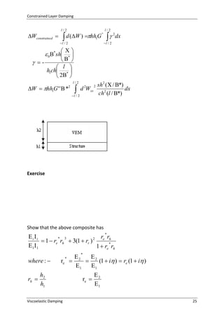 Constrained Layer Damping

l/2

l/2

 d (W ) hh G  

Wconstrained 

''

2

1

l / 2

dx

l / 2


* 
 
  l 
h1ch * 
 2 

 0*sh

W  hh1G ' '  *

2

l/2



2

d Wxx

l / 2

2

sh2 (  / *)
dx
2
ch (l / *)

Exercise

Show that the above composite has

t t
r rh
* 3
 1  re rh  3(1  rr ) 2 e *
1 1
1  re rh
*



re  2  2 (1  i )  re (1  i )
1
1
*

where : 
rh 

h2
h1

Viscoelastic Damping

*

re 

2
1
25

 