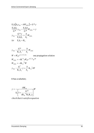 Active Constrained layers damping

1h1 h2   hW   G * 
1h1h2
 hh
   1 1 W  
G*
G*
G *
h
  
 W
1h1h2 h2
let

1h1   1

  

G*
h
  W 
 1 h2
h2

W  W0 e i ( wt  

*

B )

W   i *3 BW0 e i

one propagation solution
*

B

e iWt

W   i B W
*3

  

G*
h
   B 3 iW
 1 h2
h2

It has a solution;

 

ih B

W


G*
h2 1 

*2
 ( B  1 2 ) 
check that it satisfies equation

Viscoelastic Damping

36

 