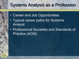 Systems Analysis as a Profession Career and Job Opportunities Typical career paths for Systems Analyst Professional Societies and Standards of Practice (ACM) 
