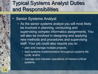 Typical Systems Analyst Duties  and Responsibilities Senior Systems Analyst  As the senior systems analyst you will most likely be involved in planning, conducting and supervising complex informatics assignments. You will also be involved in designing and applying new methods and procedures and supervising staff. Your job could also require you to:  plan and manage multiple projects,  lead systems implementation throughout systems life cycle, and/or manage and maintain operations of mission-critical systems. 