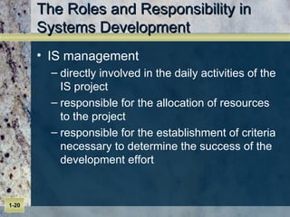 The Roles and Responsibility in Systems Development IS management directly involved in the daily activities of the IS project responsible for the allocation of resources to the project responsible for the establishment of criteria necessary to determine the success of the development effort 
