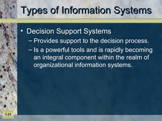 Types of Information Systems Decision Support Systems Provides support to the decision process. Is a powerful tools and is rapidly becoming an integral component within the realm of organizational information systems. 