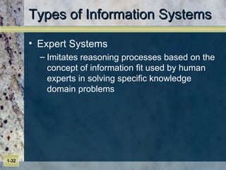 Types of Information Systems Expert Systems Imitates reasoning processes based on the concept of information fit used by human experts in solving specific knowledge domain problems 