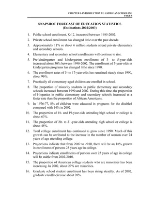 CHAPTER 1–INTRODUCTION TO AMERICAN SCHOOLING
PAGE 5
SNAPSHOT FORECAST OF EDUCATION STATISTICS
(Estimations 2002/2003)
1. Public school enrollment, K-12, increased between 1985-2002.
2. Private school enrollment has changed little over the past decade.
3. Approximately 11% or about 6 million students attend private elementary
and secondary schools.
4. Elementary and secondary school enrollments will continue to rise.
5. Pre-kindergarten and kindergarten enrollment of 3- to 5-year-olds
increased about 30% between 1990-2002. The enrollment of 5-year-olds in
kindergarten programs has changed little since 1990.
6. The enrollment rates of 5- to 17-year-olds has remained steady since 1990,
about 96%.
7. Practically all elementary-aged children are enrolled in school.
8. The proportion of minority students in public elementary and secondary
schools increased between 1990 and 2002. During this time, the proportion
of Hispanics in public elementary and secondary schools increased at a
faster rate than the proportion of African Americans.
9. In 1976-77, 8% of children were educated in programs for the disabled
compared with 14% in 2002.
10. The proportion of 18- and 19-year-olds attending high school or college is
about 63%.
11. The proportion of 20- to 21-year-olds attending high school or college is
about 45%.
12. Total college enrollment has continued to grow since 1990. Much of this
growth can be attributed to the increase in the number of women over 24
years of age attending college.
13. Projections indicate that from 2002 to 2010, there will be an 18% growth
in enrollment of persons 25 years age in college.
14. Projections indicate enrollments of persons over 25 years of age in college
will be stable from 2002-2010.
15. The proportion of American college students who are minorities has been
increasing. In 2002, about 27% are minorities.
16. Graduate school student enrollment has been rising steadily. As of 2002,
graduate enrollment rose about 20%.
 