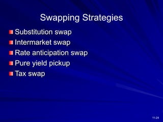 11-24
Swapping Strategies
Substitution swap
Intermarket swap
Rate anticipation swap
Pure yield pickup
Tax swap
 