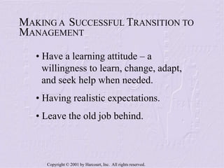 Copyright © 2001 by Harcourt, Inc. All rights reserved.
MAKING A SUCCESSFUL TRANSITION TO
MANAGEMENT
• Have a learning attitude – a
willingness to learn, change, adapt,
and seek help when needed.
• Having realistic expectations.
• Leave the old job behind.
 