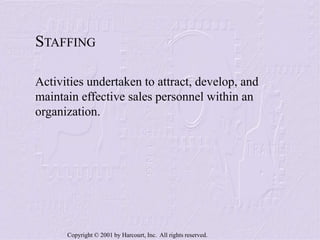 Copyright © 2001 by Harcourt, Inc. All rights reserved.
STAFFING
Activities undertaken to attract, develop, and
maintain effective sales personnel within an
organization.
 