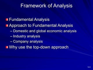 12-2
Framework of Analysis
Fundamental Analysis
Approach to Fundamental Analysis
– Domestic and global economic analysis
– Industry analysis
– Company analysis
Why use the top-down approach
 