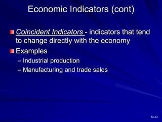 12-23
Coincident Indicators - indicators that tend
to change directly with the economy
Examples
– Industrial production
– Manufacturing and trade sales
Economic Indicators (cont)
 